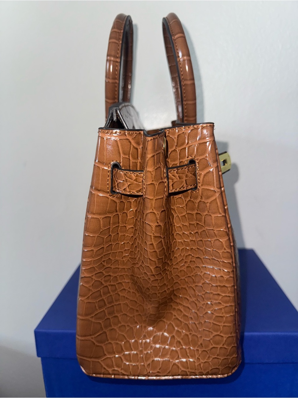 Top handle croc style satchel leather bag brown /gold hardware - Picture 3 of 7